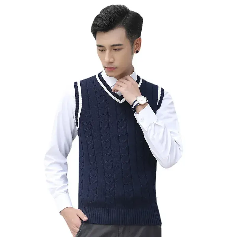 Men's V-Neck Knitted Wool Vest Navy Blue Winter - Image 9