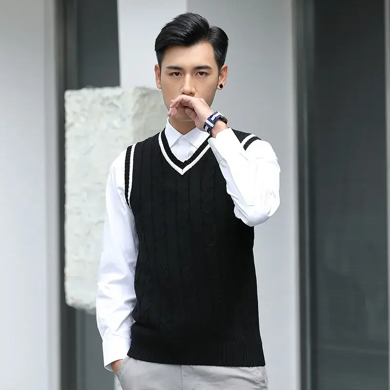 Men's V-Neck Knitted Wool Vest Navy Blue Winter - Image 2