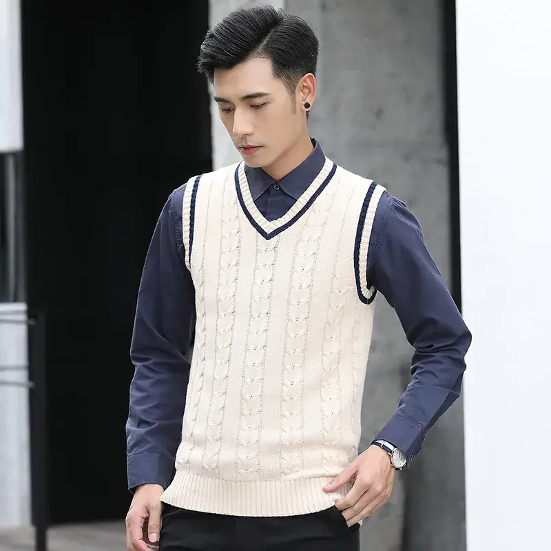 Men's V-Neck Knitted Wool Vest Navy Blue Winter - Image 4