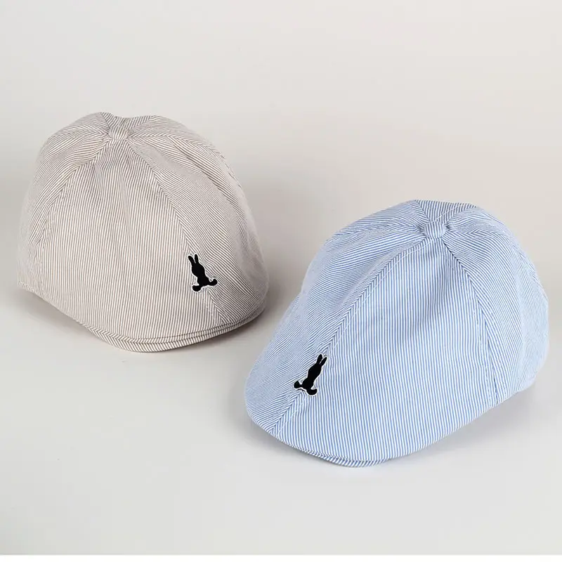Light Blue Striped Baby Cap with Embroidered Bird Design — feature 2
