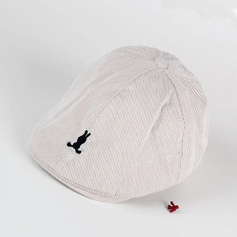 Light Blue Striped Baby Cap with Embroidered Bird Design - Image 2