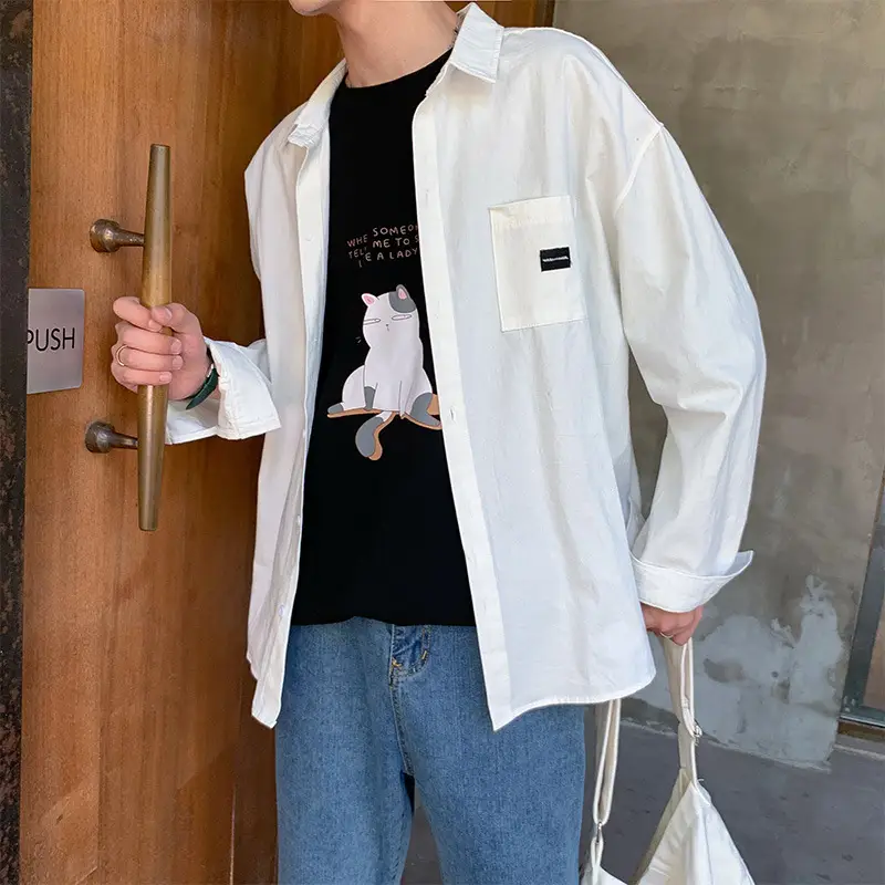 Men White Long Sleeve Shirt with Cat Print