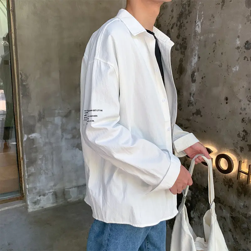 Men White Long Sleeve Shirt with Cat Print