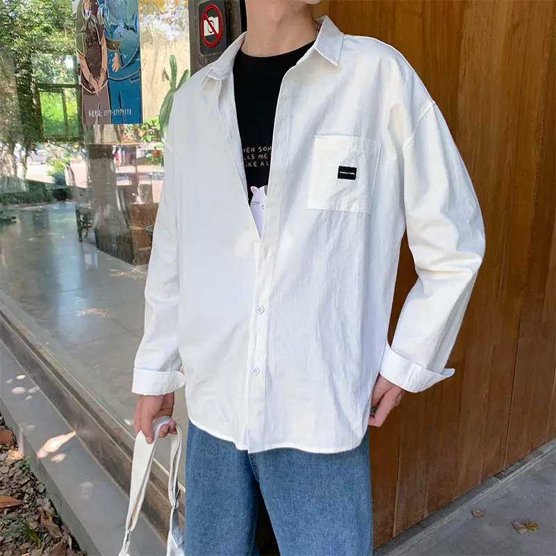 Men White Long Sleeve Shirt with Cat Print