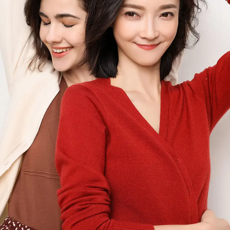 2020 Korean Women's V-Neck Cardigan Brown Long Sleeve - Image 13