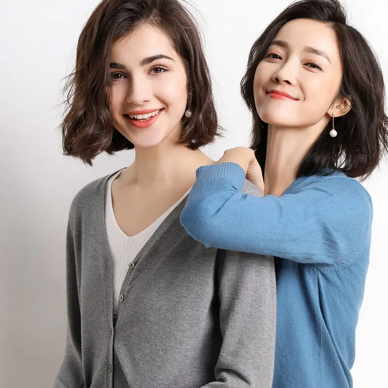 2020 Korean Women's V-Neck Cardigan Brown Long Sleeve - Image 14