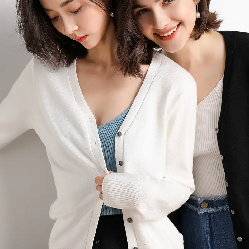 2020 Korean Women's V-Neck Cardigan Brown Long Sleeve - Image 15
