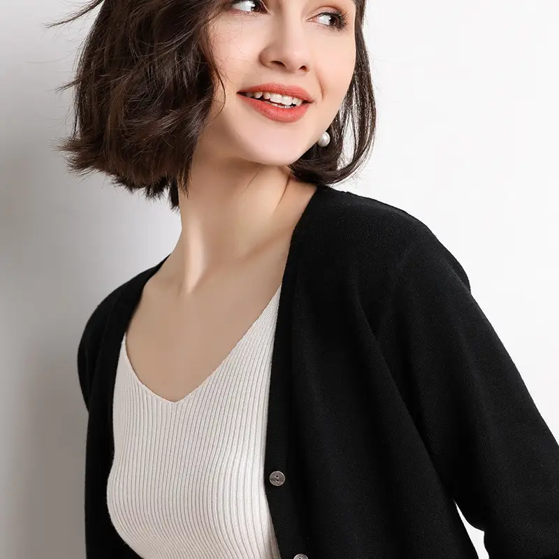 2020 Korean Women's V-Neck Cardigan Brown Long Sleeve - Image 3