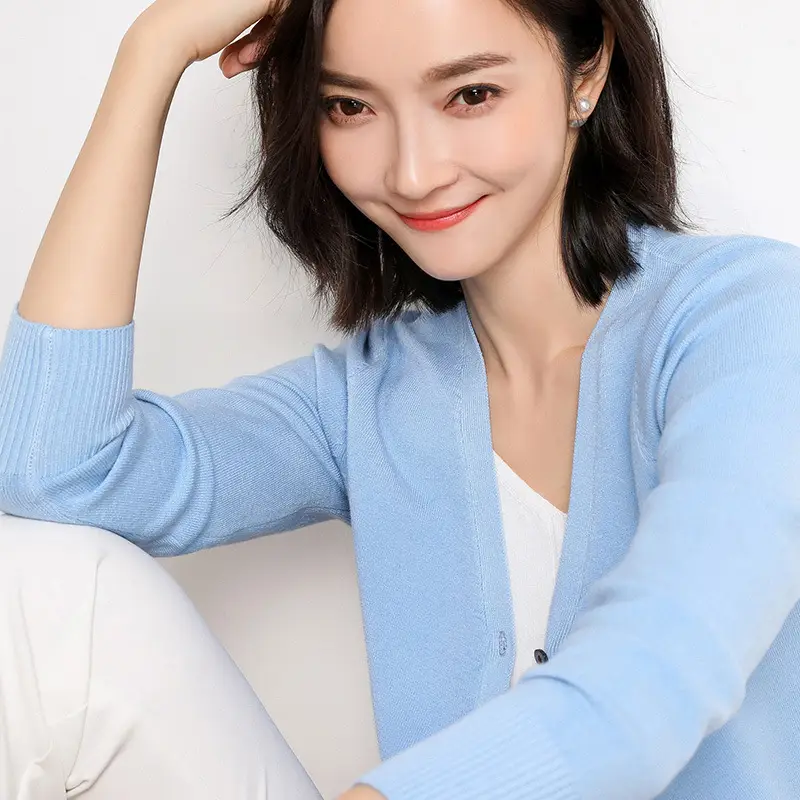 2020 Korean Women's V-Neck Cardigan Brown Long Sleeve - Image 9