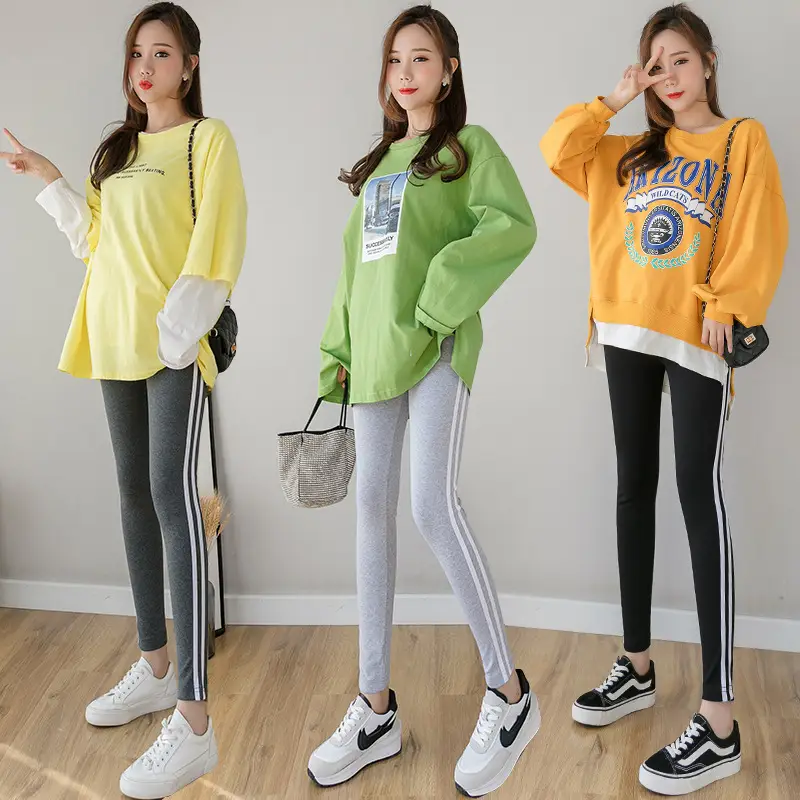 2023 Pregnant Women Grey Leggings Set with White Stripes - Image 4