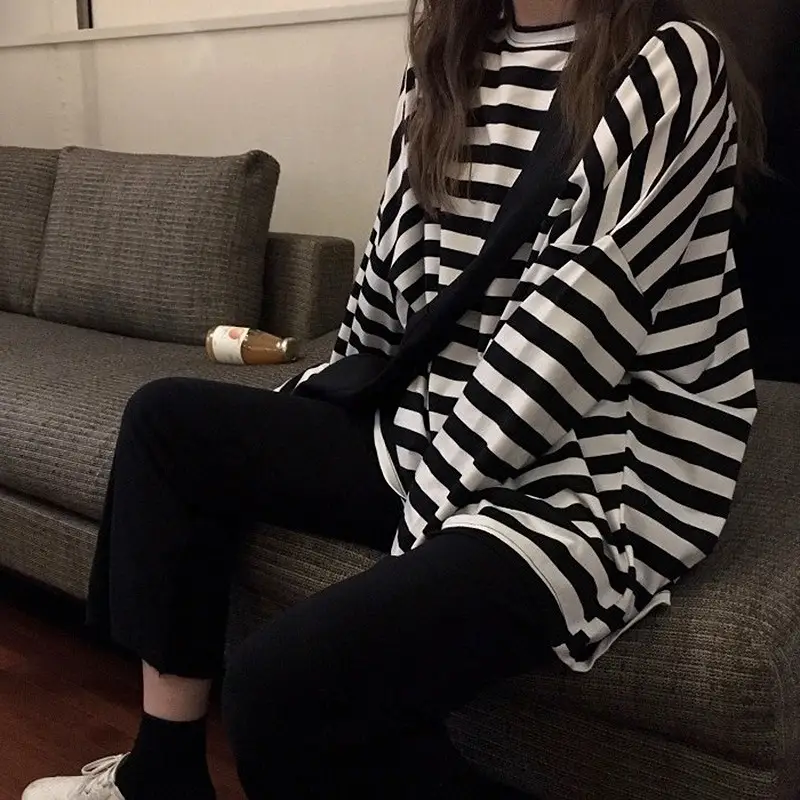 Women Long Sleeve Black White Striped T-Shirt Autumn - Image 2