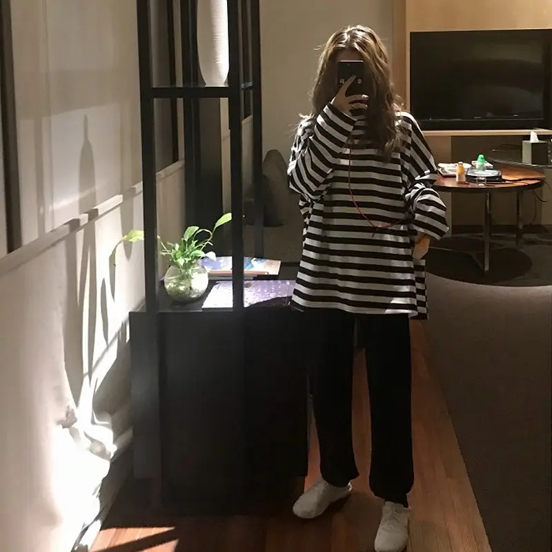 Women Long Sleeve Black White Striped T-Shirt Autumn - Image 3