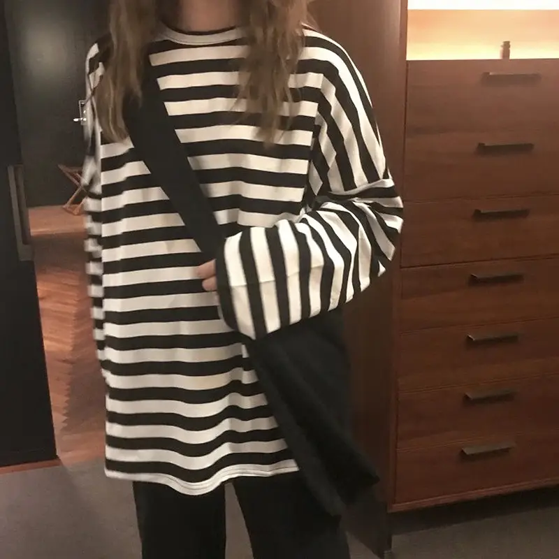 Women Long Sleeve Black White Striped T-Shirt Autumn - Image 4