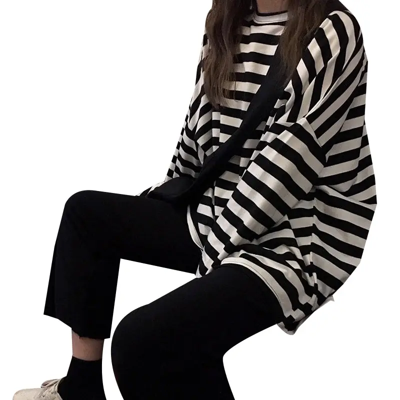 Women Long Sleeve Black White Striped T-Shirt Autumn - Image 6