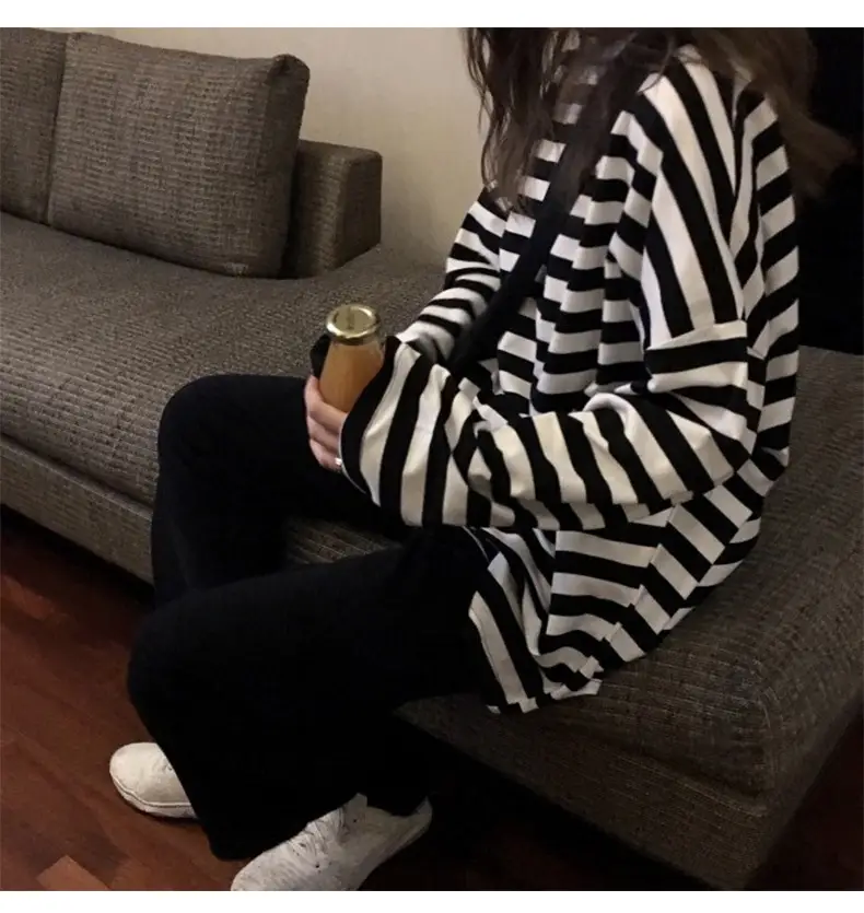 Women Long Sleeve Black White Striped T-Shirt Autumn — feature 3