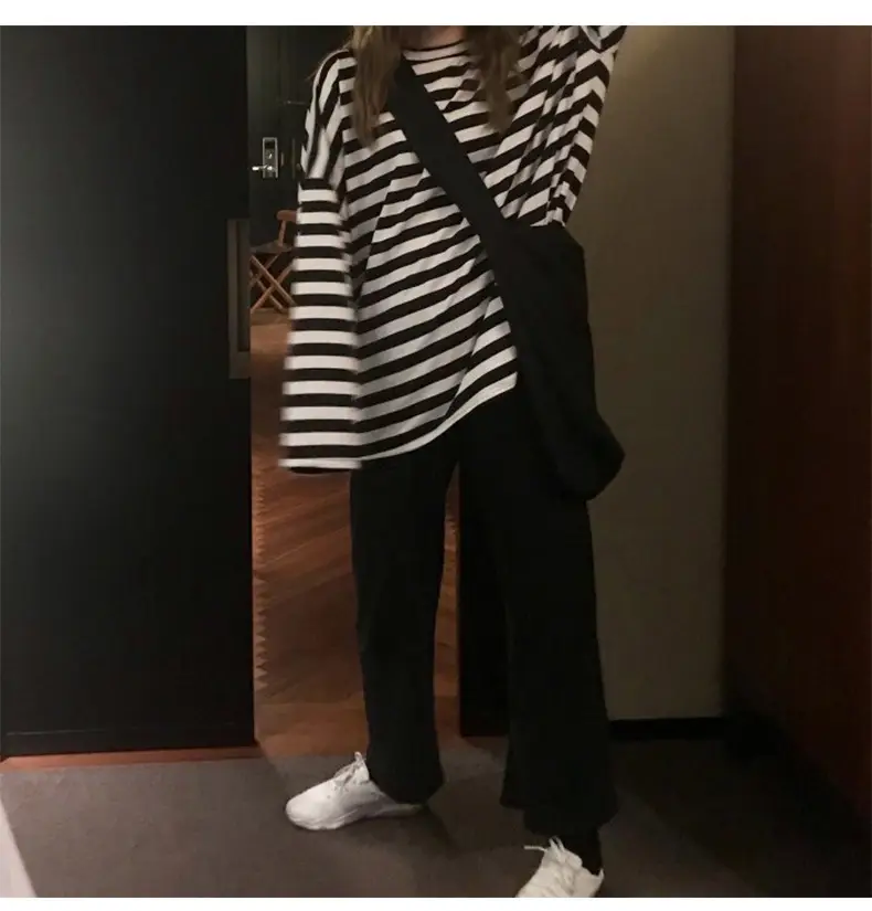 Women Long Sleeve Black White Striped T-Shirt Autumn — feature 4