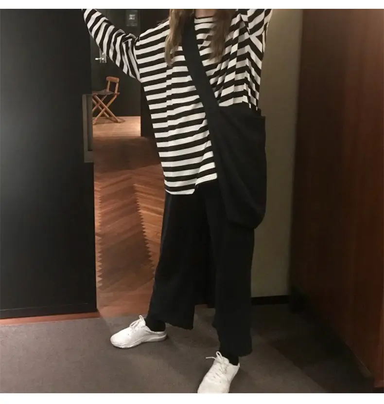 Women Long Sleeve Black White Striped T-Shirt Autumn — feature 5