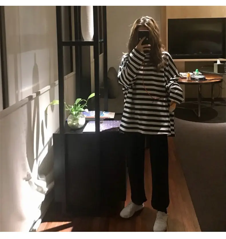 Women Long Sleeve Black White Striped T-Shirt Autumn — feature 6