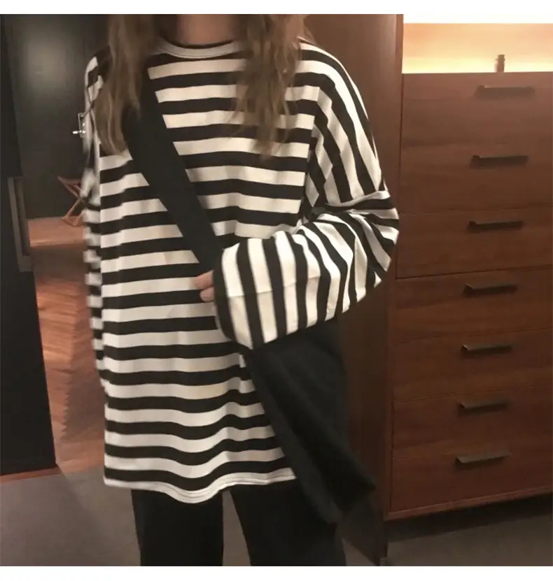Women Long Sleeve Black White Striped T-Shirt Autumn — feature 7