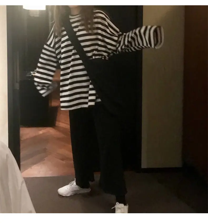 Women Long Sleeve Black White Striped T-Shirt Autumn — feature 9