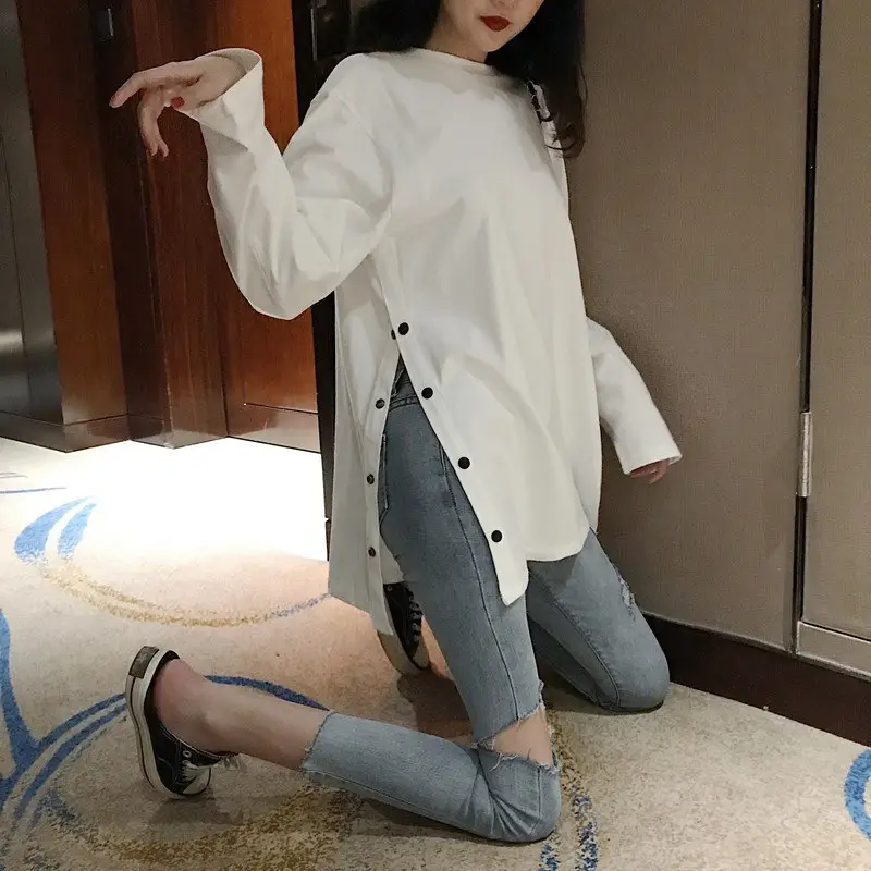 Women Black Long Sleeve T-Shirt Large Autumn Winter Korean Style - Image 2