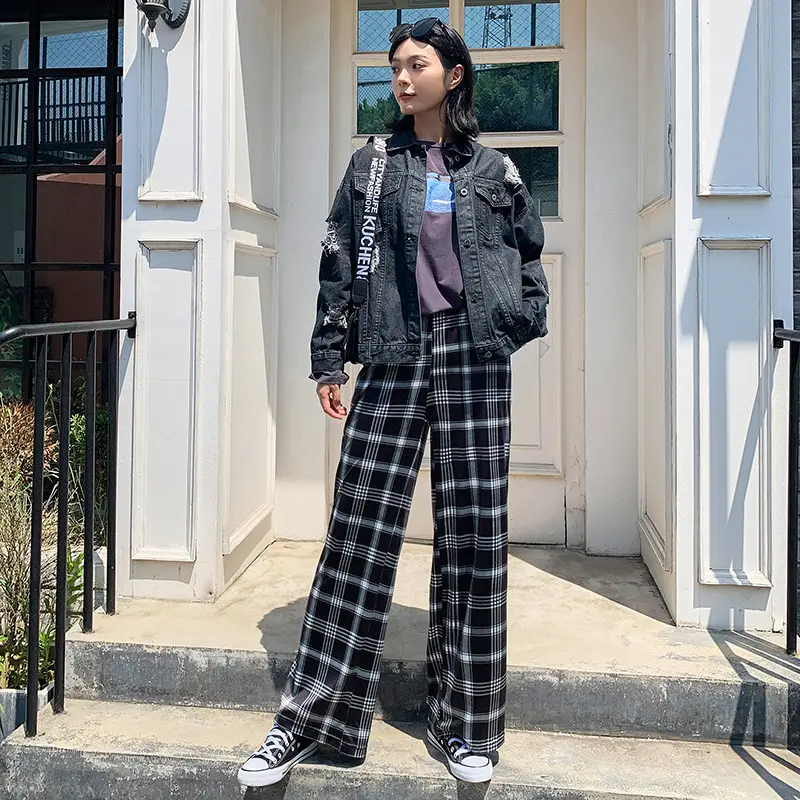 Women's Plaid Wide Leg Pants Korean Style Loose Casual