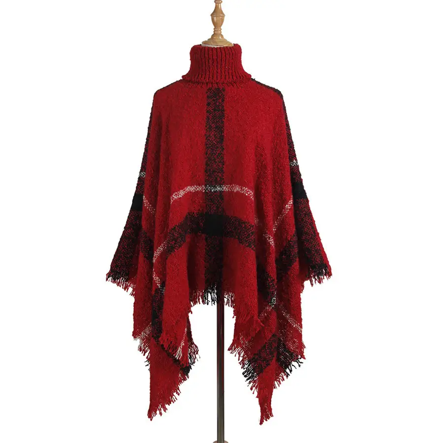 Women's Red Tassel Shawl High Collar Loose Winter