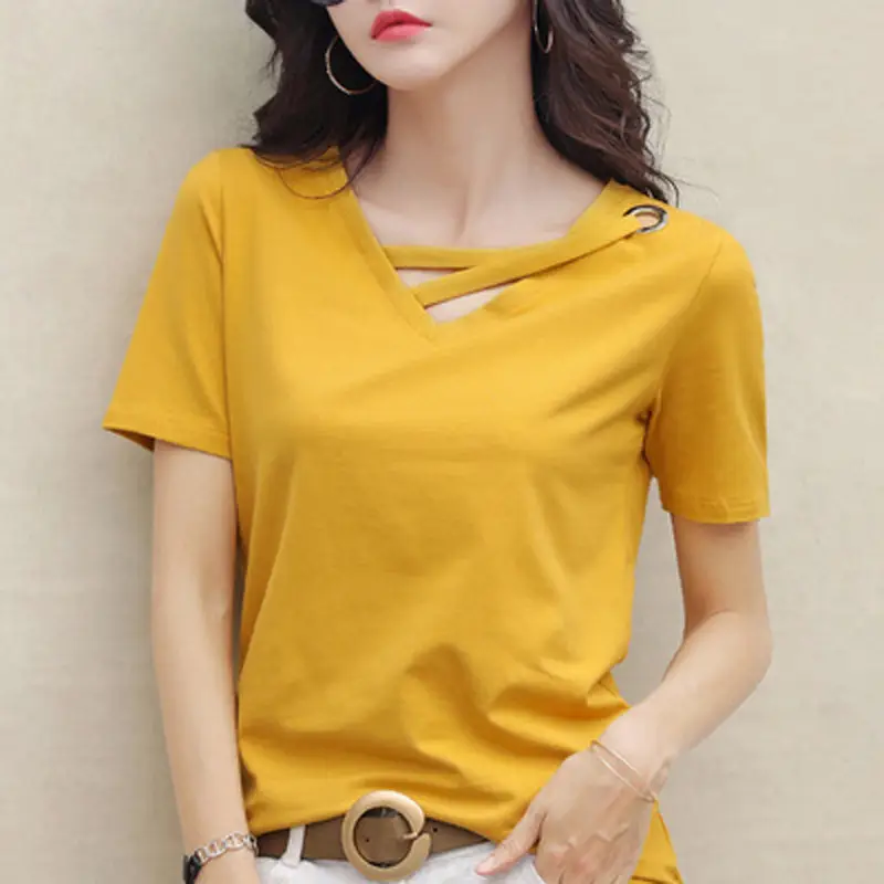 Women's V-Neck Loose White T-Shirt 2022 Summer - Image 4