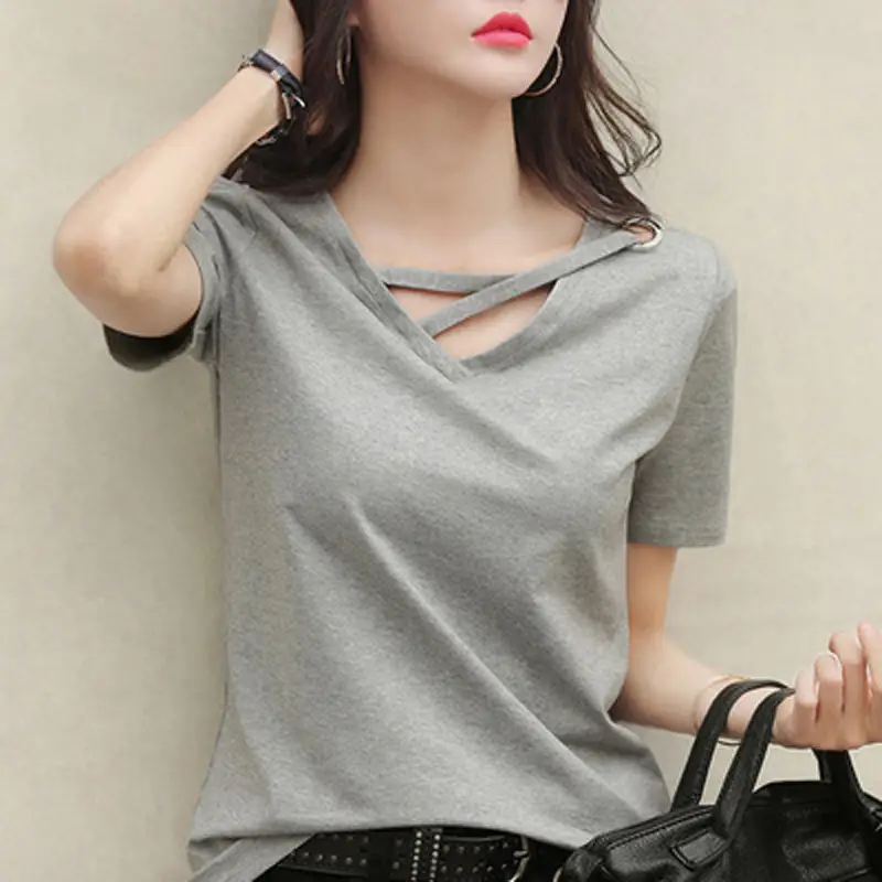 Women's V-Neck Loose White T-Shirt 2022 Summer - Image 2