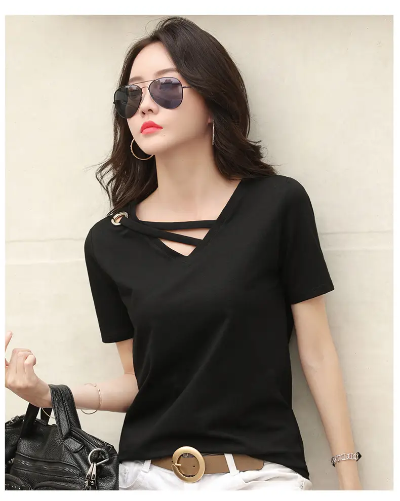 Women's V-Neck Loose White T-Shirt 2022 Summer — feature 6