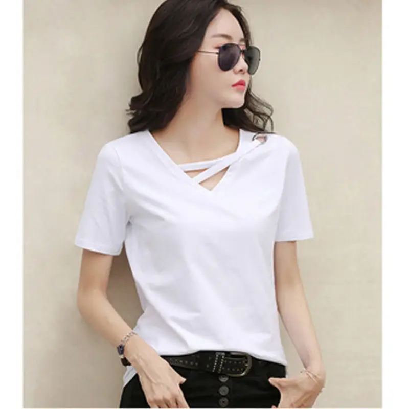 Women's V-Neck Loose White T-Shirt 2022 Summer - Image 3