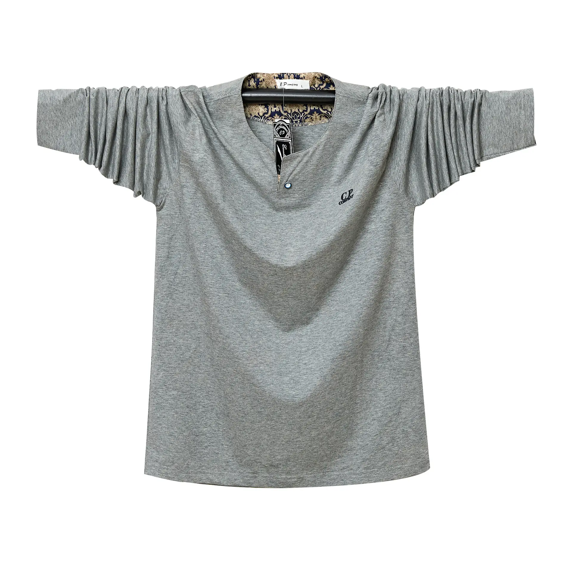 Men Grey Long Sleeve T-Shirt Plus Size Cotton - Image 9