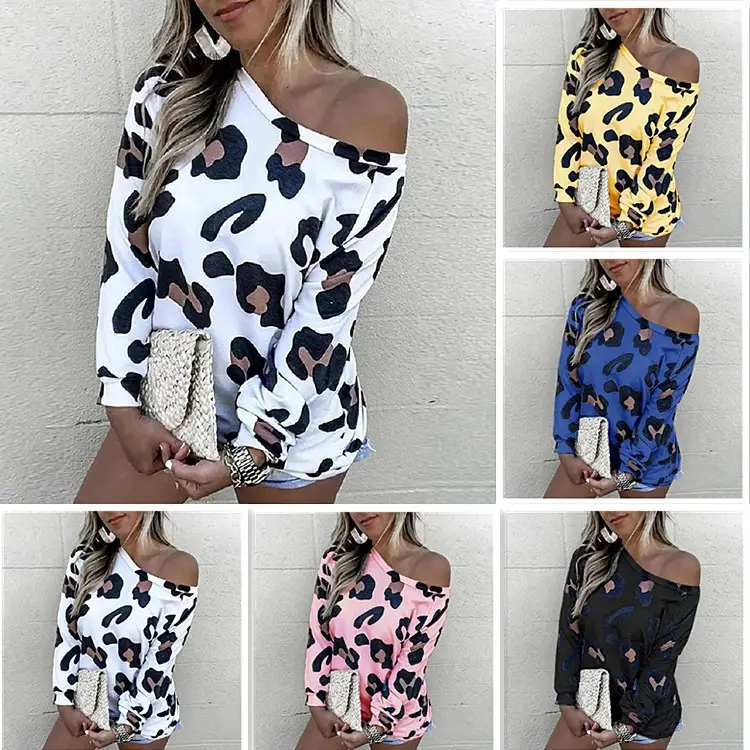 Women's Blue Leopard Print Long Sleeve T-Shirt Top - Image 6