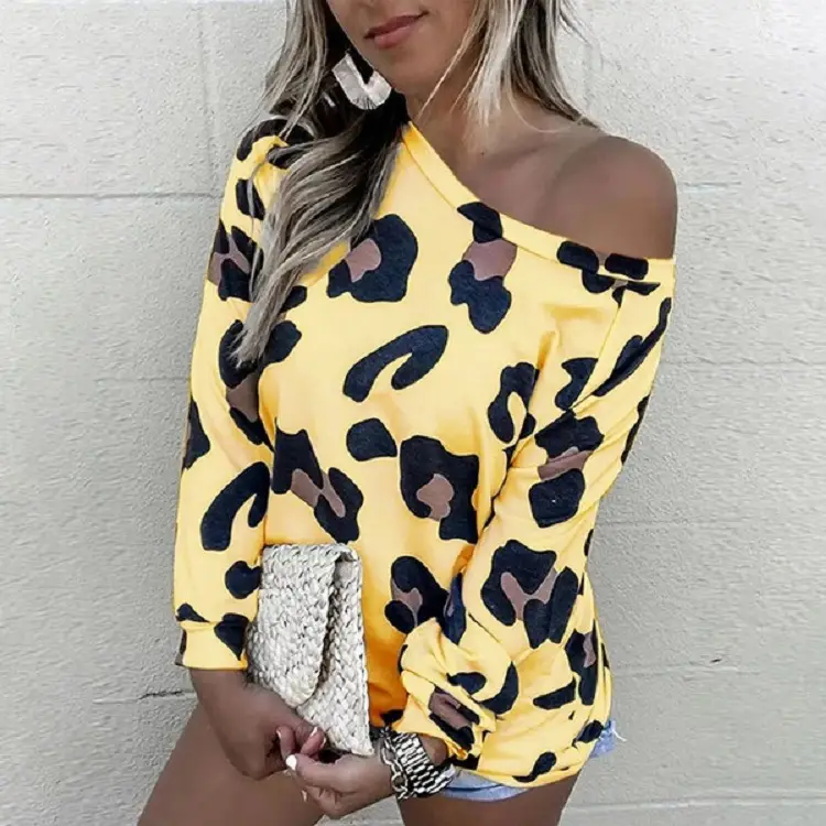 Women's Blue Leopard Print Long Sleeve T-Shirt Top - Image 2