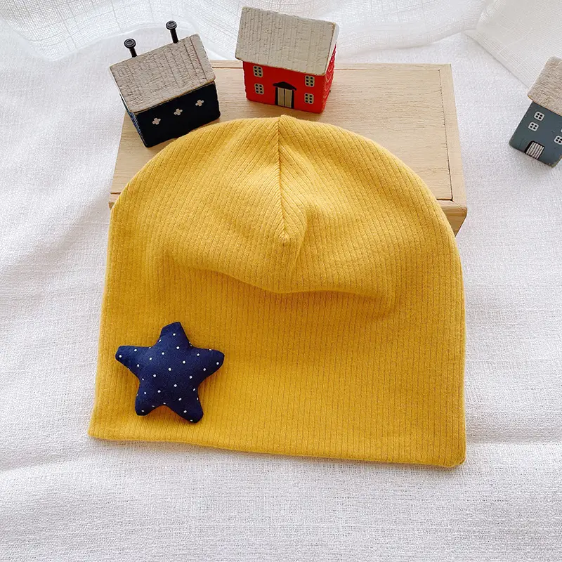 Newborn Cotton Knitted Ear Protection Hat Yellow Star - Image 2