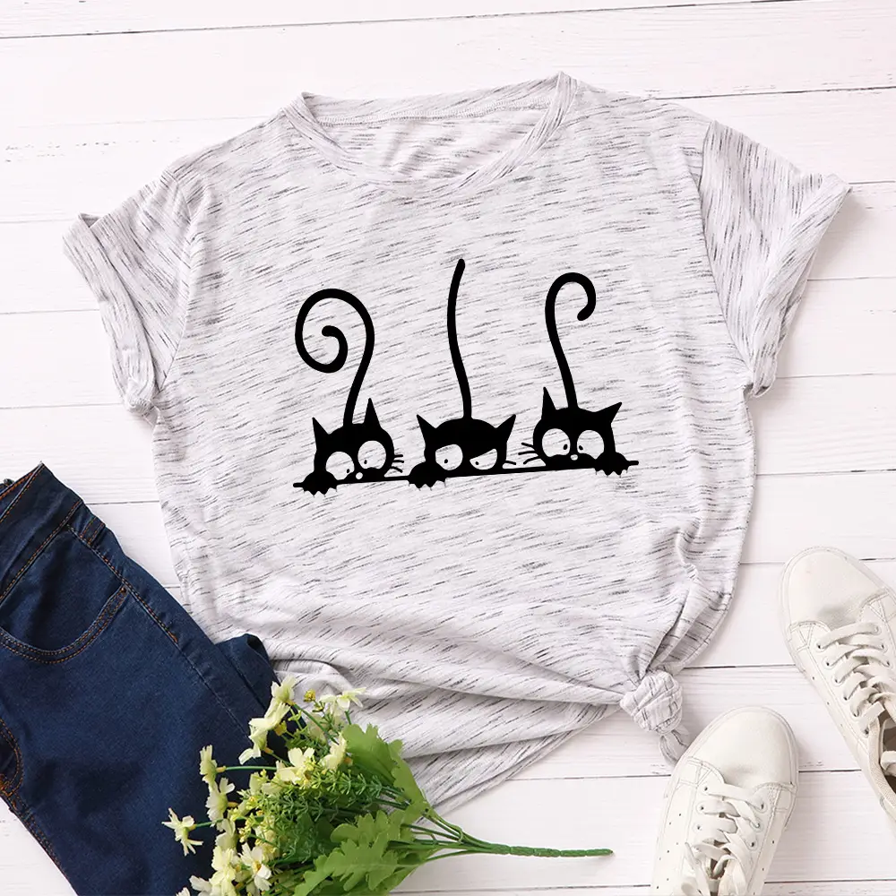 Women Green Cat Print Cotton T-Shirt Short Sleeve - Image 12