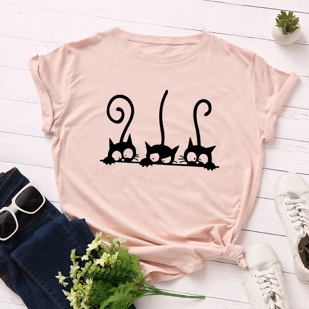 Women Green Cat Print Cotton T-Shirt Short Sleeve - Image 13