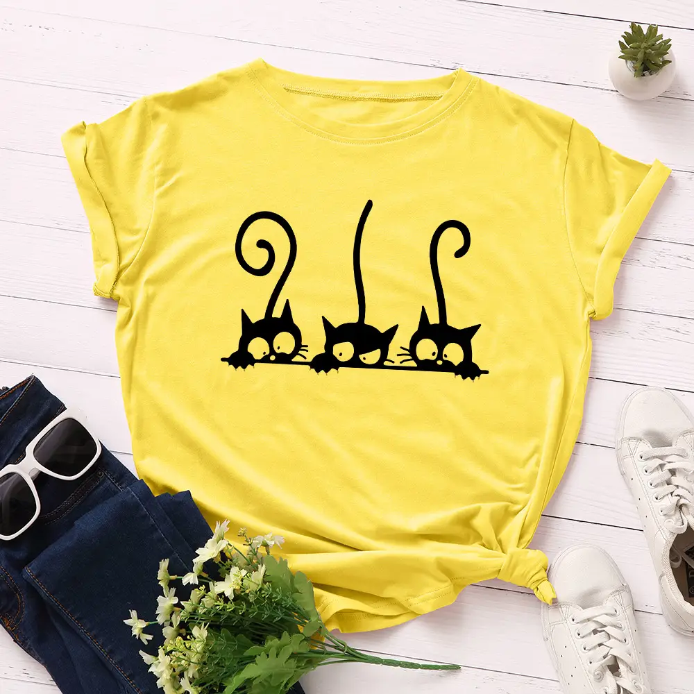 Women Green Cat Print Cotton T-Shirt Short Sleeve - Image 2