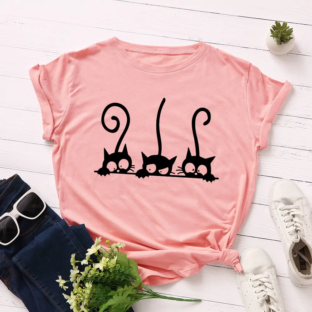 Women Green Cat Print Cotton T-Shirt Short Sleeve - Image 7