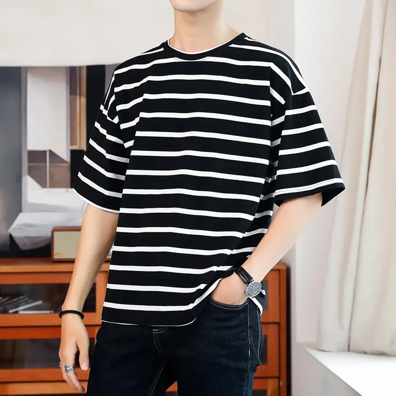 Men Striped Cotton T-Shirt 2020 Summer Loose Fit - Image 5