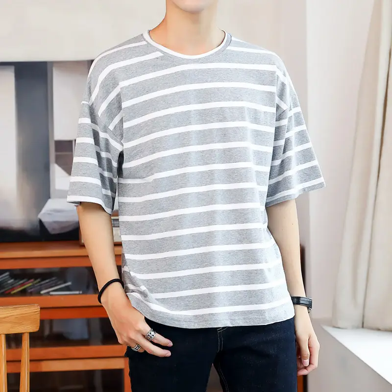 Men Striped Cotton T-Shirt 2020 Summer Loose Fit - Image 3