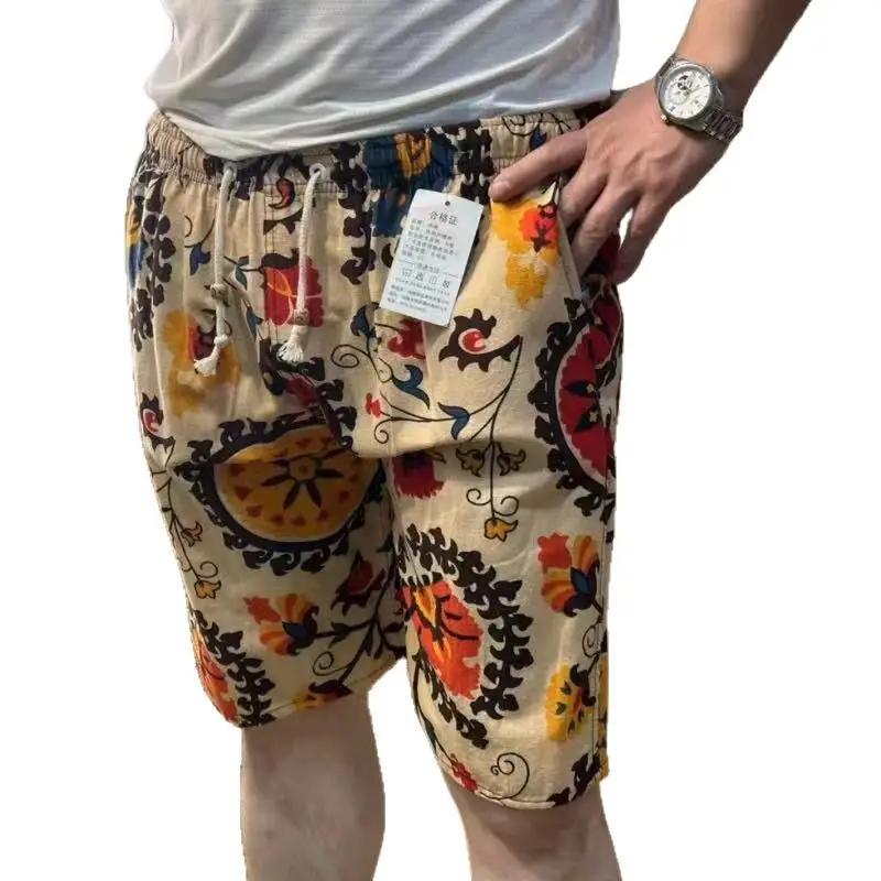 Men Cotton Printed Beach Shorts Large Retro Loose