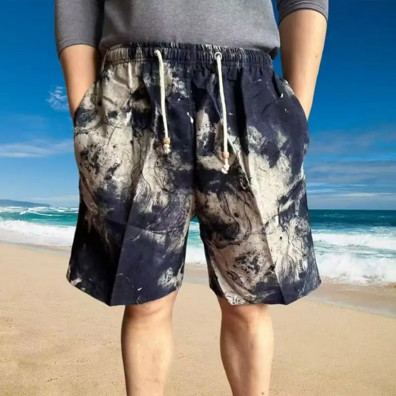 Men Cotton Printed Beach Shorts Large Retro Loose