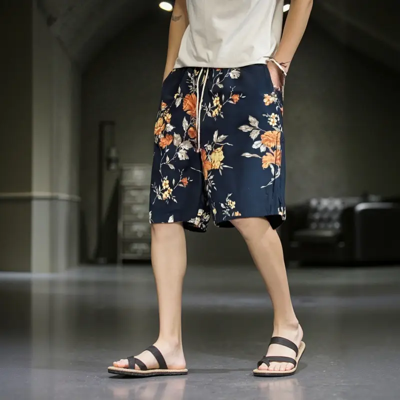 Men Cotton Printed Beach Shorts Large Retro Loose