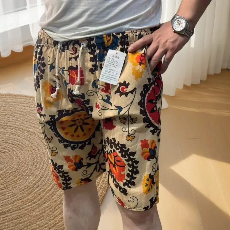 Men Cotton Printed Beach Shorts Large Retro Loose