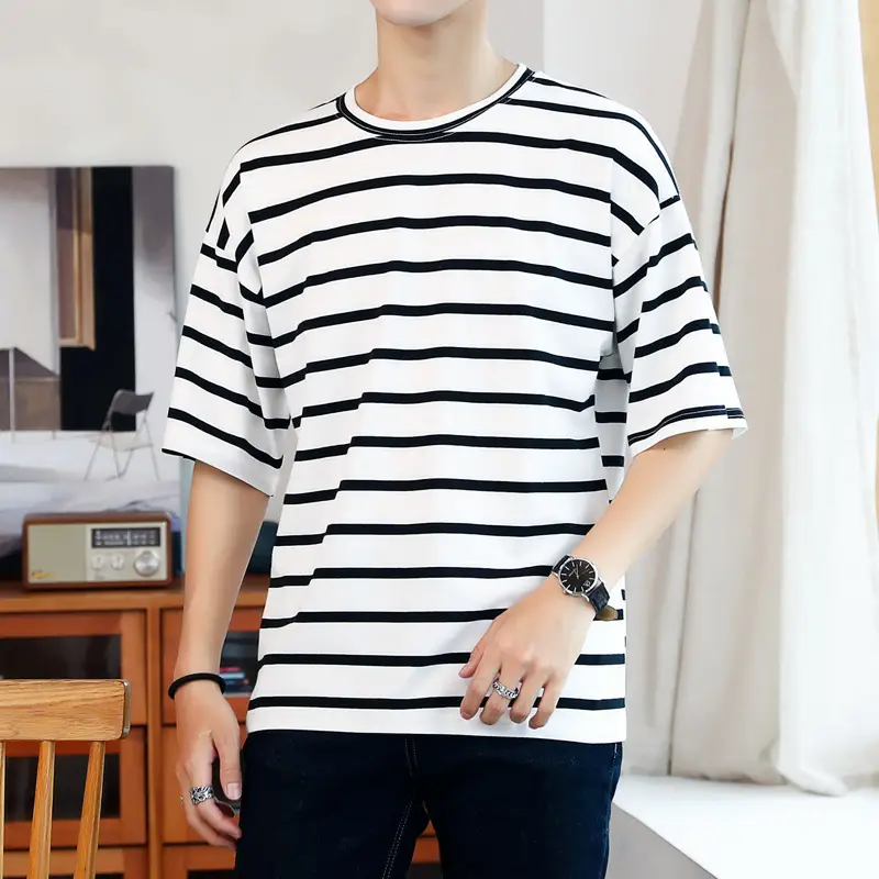 Men Red White Striped Short Sleeve T-Shirt Cotton Loose - Image 5