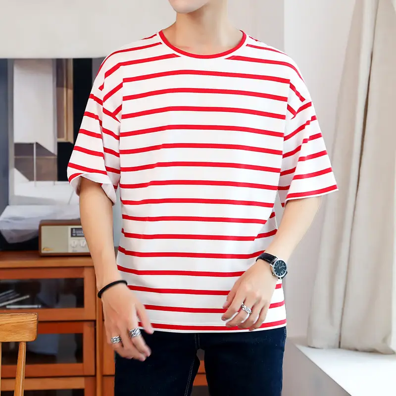 Men Red White Striped Short Sleeve T-Shirt Cotton Loose - Image 8