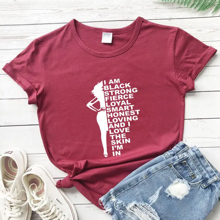 Maroon T-Shirt with "I AM Black Strong Fierce Loyal Smart" Design