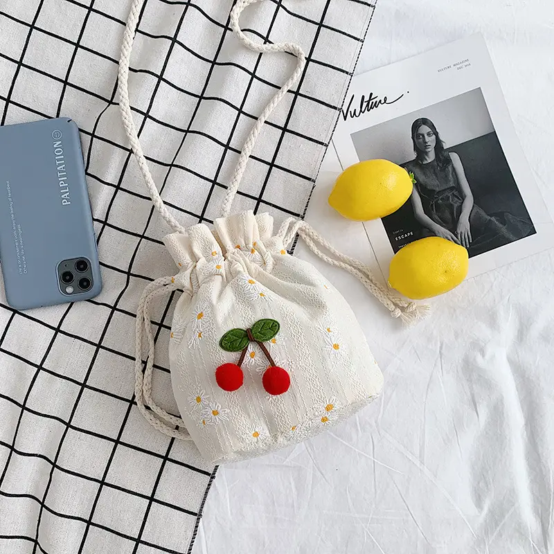 Women's Cherry Embroidered Drawstring Bag - Image 2