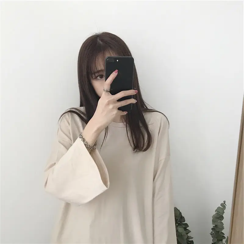 Women's White K-Style Long Sleeve T-Shirt Loose Fit - Image 8